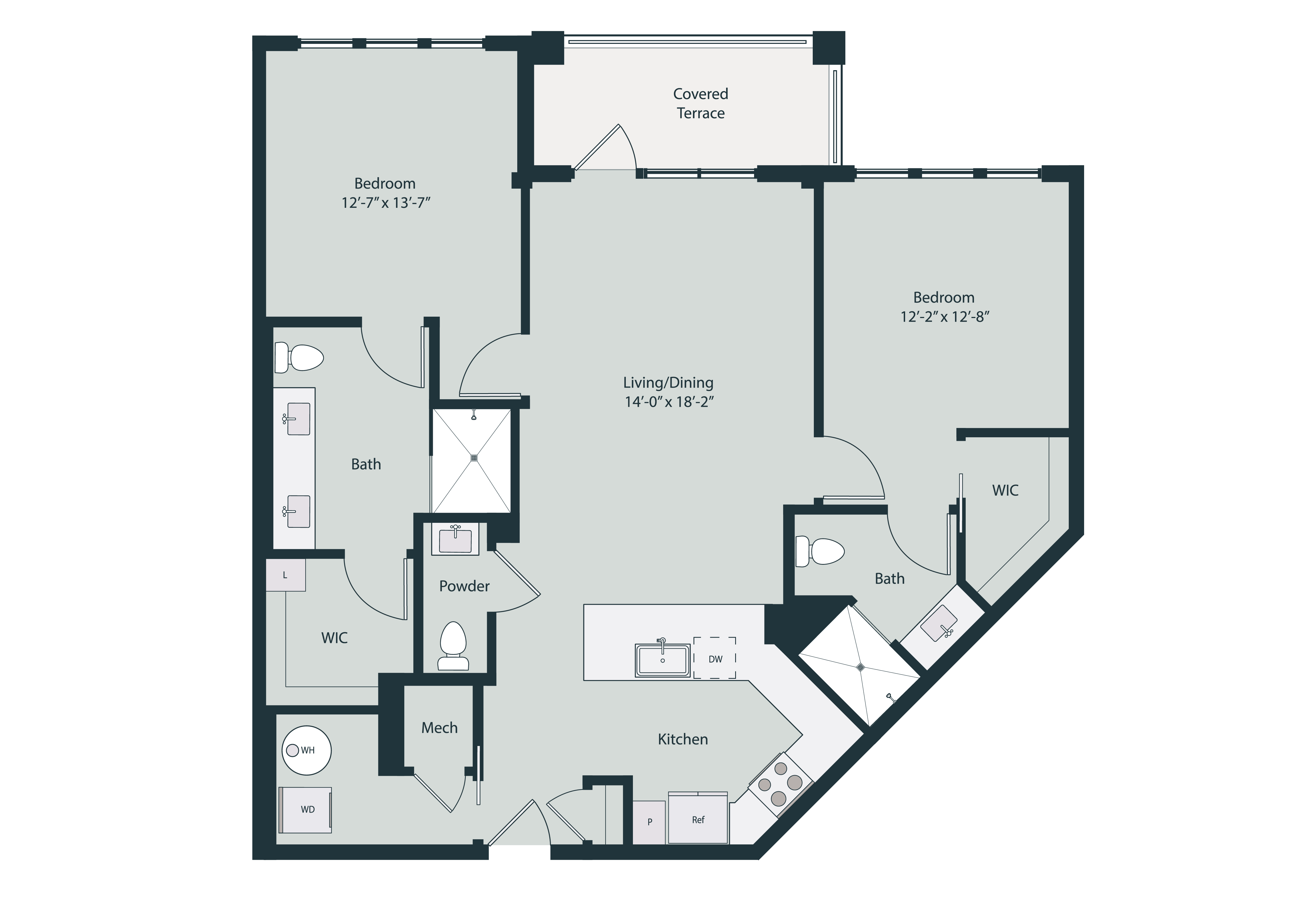 Floor plan for 2 beds, 2.5 baths, 1295 sqft